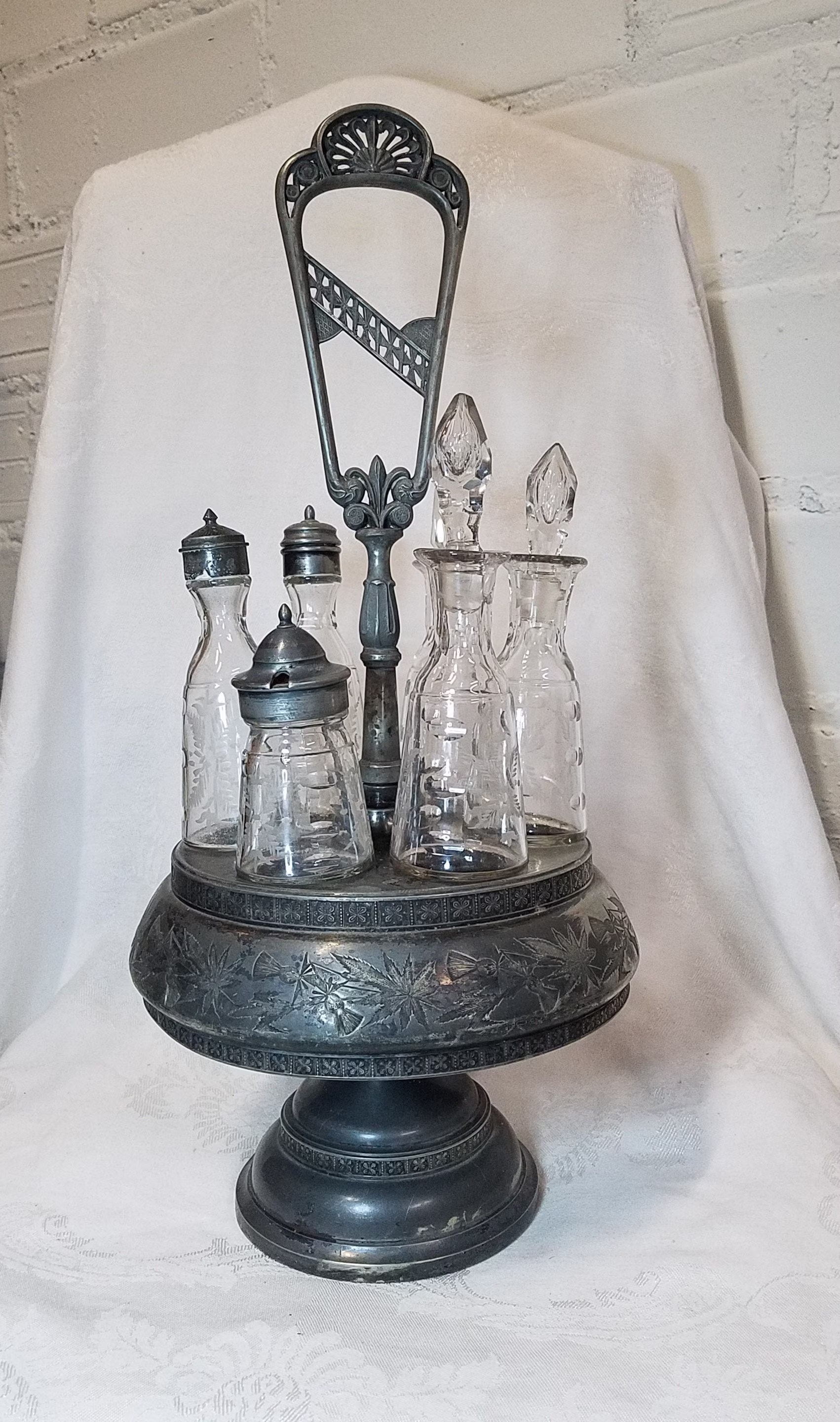 Vintage 7 Piece Etched Glass Cruet Set With Silver Lids & A Base For Oil, Vinegar, Salt Pepper Mustard