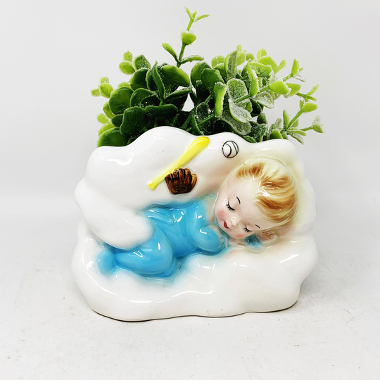 Vintage Baby Planter - Baseball Shafford 4422 Wall Pocket Sleeping Decor Shower Baby's Room