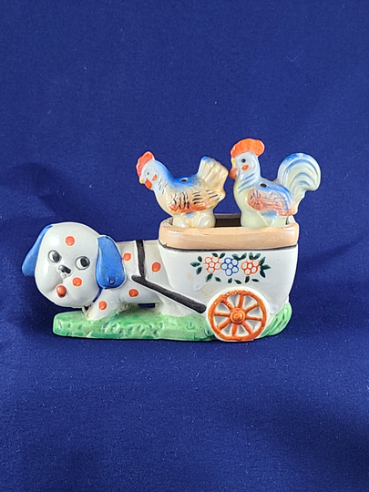 Vintage Dog Cart Chicken Salt & Pepper Shaker Set Multi-Color Made in Occupied Japan 1940S Polka Dot Flower Rocker Holder