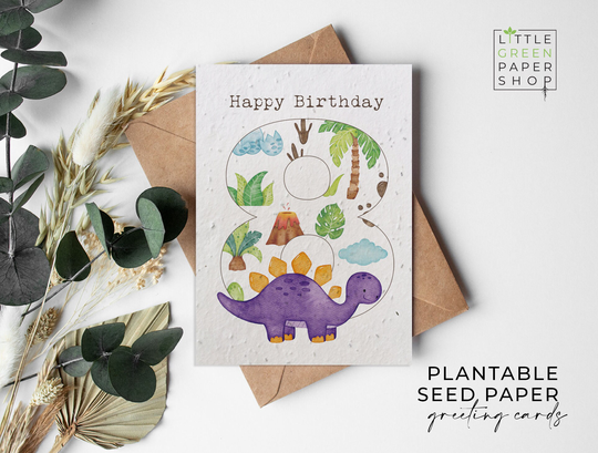 Plantable Flower Seed Paper Cards A6 - Birthday Dinosaurs 8 Birthday, Kids, Boys, Friends, Greeting, Gardening, Eco-Friendly, Biodegradable