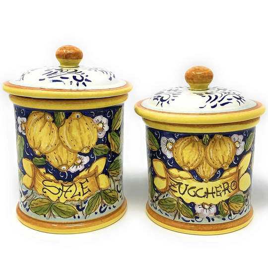 Italian Ceramic Set Jars Canister Food Storage Salt & Sugar Hand Painted Pattern Three Lemons Made in Italy Tuscan Art Pottery