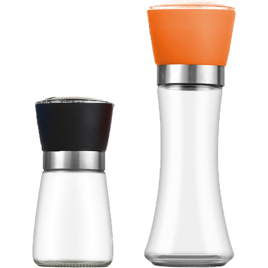 Stainless Steel Salt and Pepper Grinder,Adjustable Stainless Steel and Glass Salt & Pepper Mill Set of 4 Short Black + Tall Orange