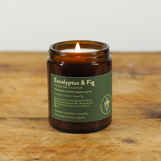 Eucalyptus & Fig Christmas Candle, Clove Soy Seasonal Blended Scent Amber Glass Jar