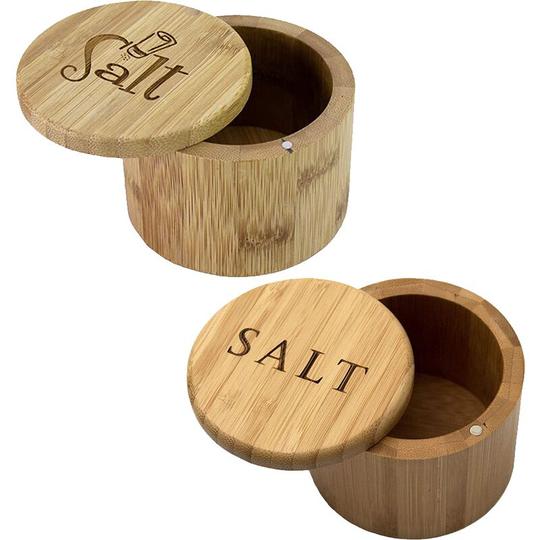 Bamboo Salt Box, Salt Container With Lid, Salt Shaker, Bowl with Magnetic Swivel Lid (2 pcs) Letter + bottle logo