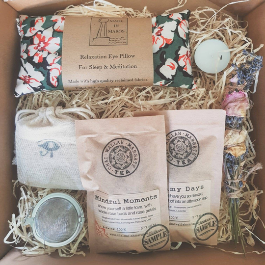 Mindfulness Gift Set - Relaxation Kit Home Retreat Box Lavender Eye Pillow Smudge Stick Loose Leaf Tea