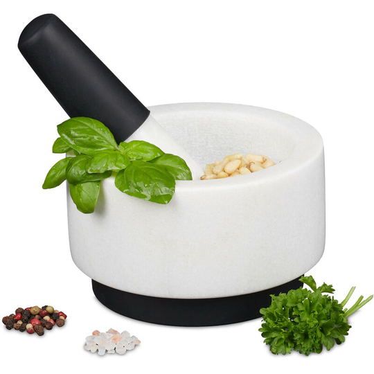 Mortar with Pestle, Spices, Herbs, Polished Stone Mortar, ø 14 cm, Marble, White - Relaxdays