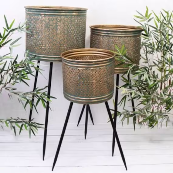 Large Gold Teal Metal House Plant Flower Pot Tall Black Leg Indoor Stand Planter
