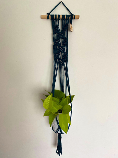 Peacock Blue Macrame Plant Hanger, Boho Home Decor, Falling Leaves, Eco Friendly Gift For Lover, Wall Hanging, Botanical Art