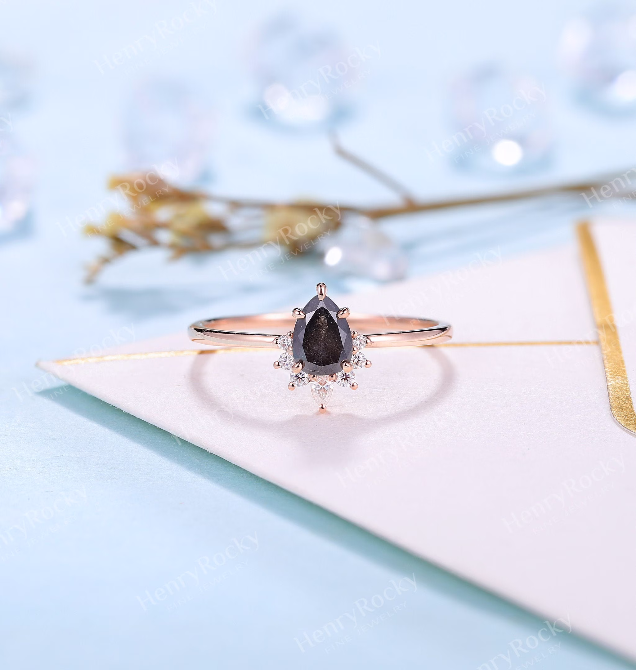Vintage Salt & Pepper Diamond Engagement Ring Pear Shaped Rose Gold Bridal Ring Art Deco Moissanite Wedding Anniversary Promise