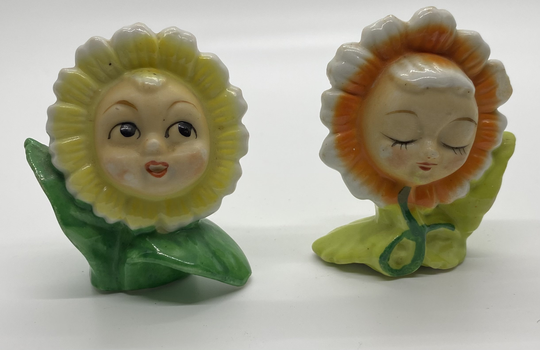Vintage Anthropomorphic Flower Face Girl & Boy Salt Pepper Shakers Orange Yellow Japan