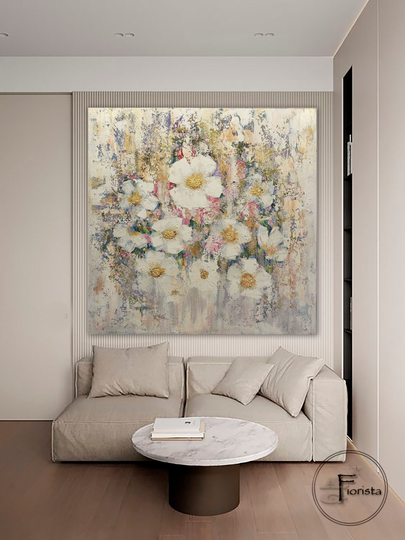 White Abstract Flowers Large Painting On The Living Room Wall Art 3D Original Interior Delicate Textured Loft