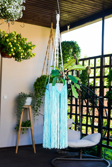 Ombre Macrame Plant Hanger, Plant Pot Holder, Indoor Room Decor, Fringe Hanger, Blue Macrame