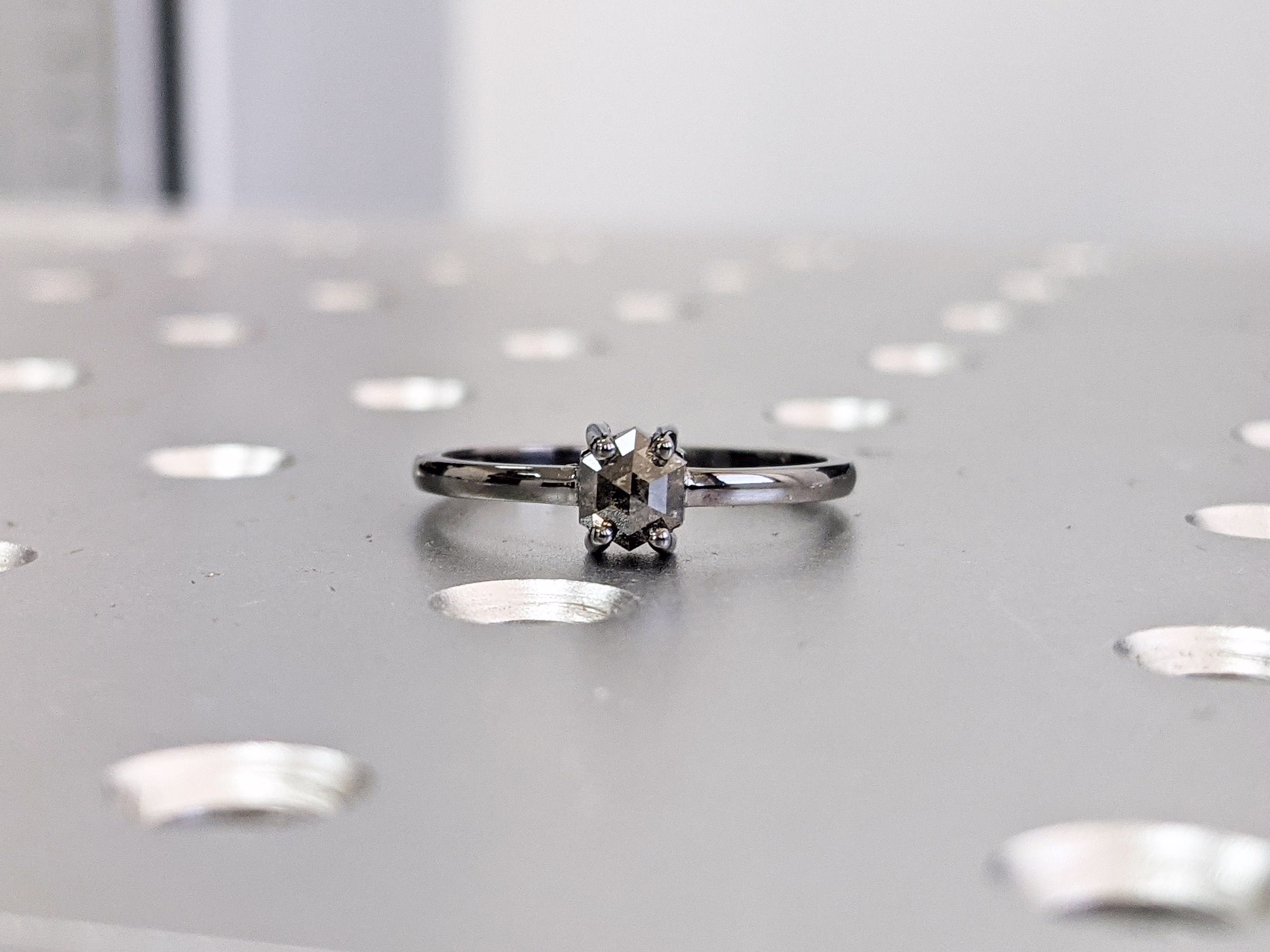 Black Raw Diamond, Salt & Pepper, Hexagon, Unique Engagement Ring, Rose Cut Geometric Diamond 14K Gold, Custom Handmade