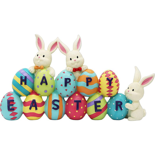 Happy Easter Table Decoration Easter Bunny and Egg Figurine Centerpiece Decoration for the Easter Season.