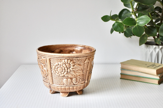 Smooth Vintage Light Brown Stoneware Plant Pot Or Plater With Floral Design 1970S