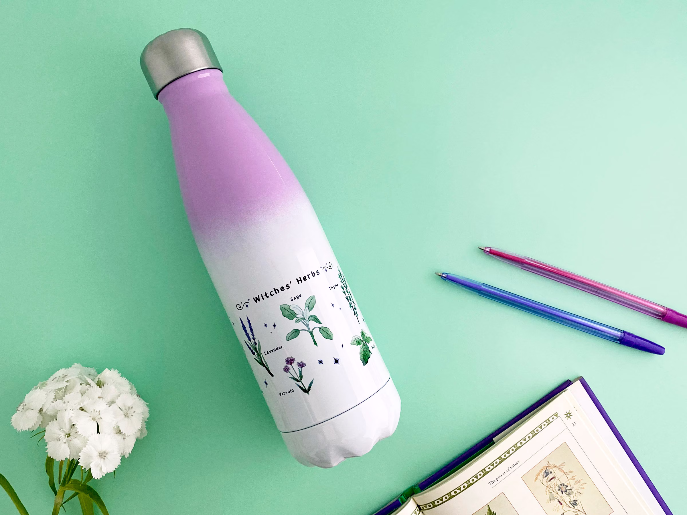 Witches' Herbs Water Bottle. Witchy Gifts, Witch Stuff Gym Reusable Bottle, Double Walled Flask, Home Chilly Bottle