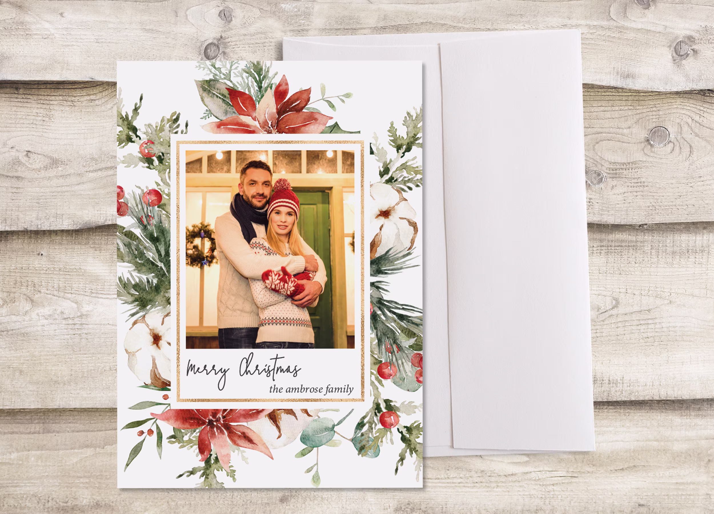 Merry Christmas Holiday Photo Card With Envelope, Winter Floral Greenery Family Card, Poinsettia Seasonal Single Photograph