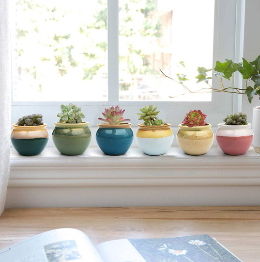 Set Of Six Multicoloured Mini Ceramic Planters