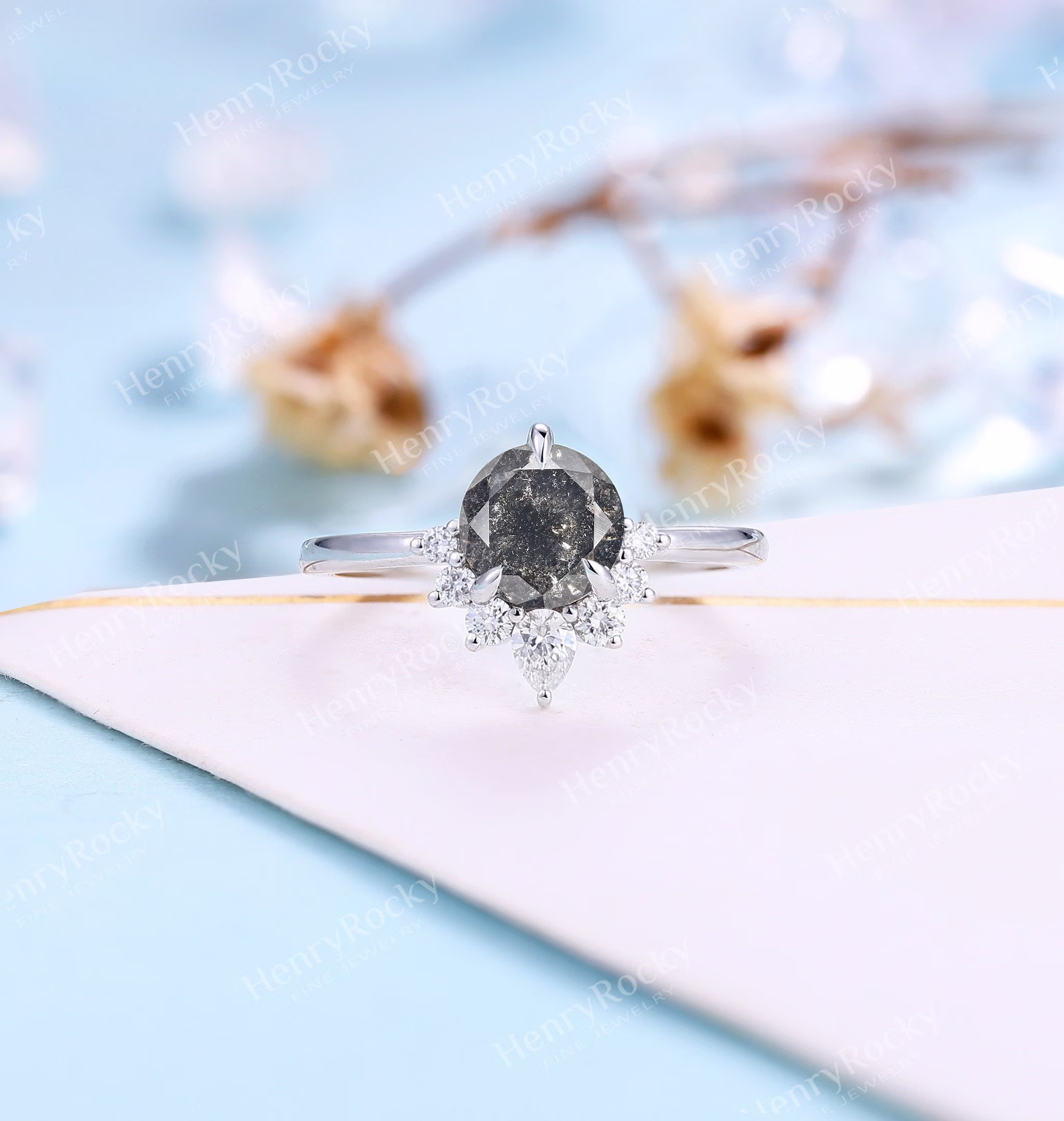 Round Cut Salt & Pepper Diamond Engagement Ring Vintage White Gold Moissnaite Bridal Art Deco Wedding Anniversary