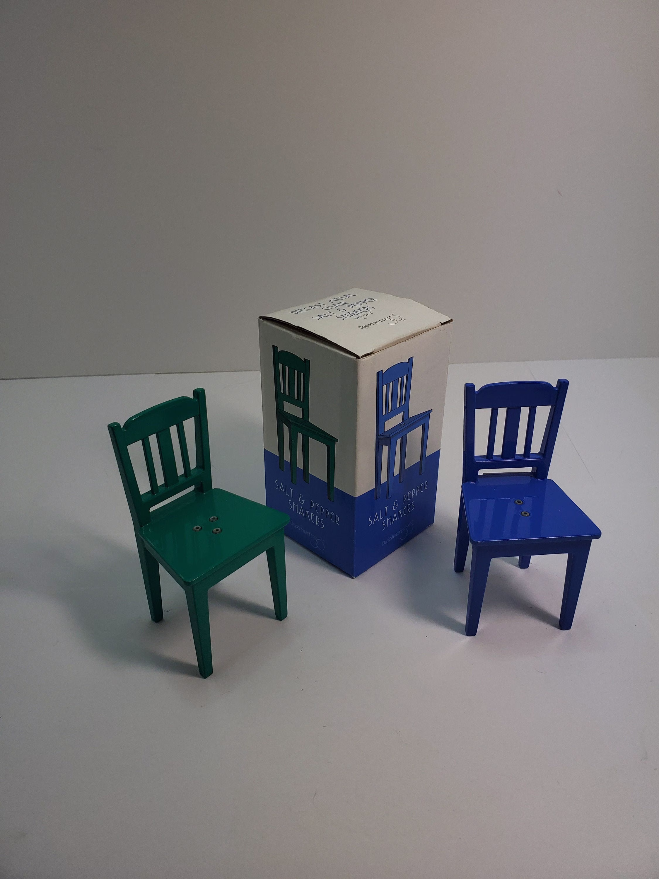 Department 56 Diecast Metal Chairs Salt & Pepper Shaker Set, Original Box, Blue Green