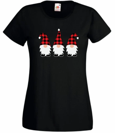 Christmas Plaid Gnome Gonk Black T Shirt Ladies Women Top Gnomes Xmas Tee Women's Seasonal