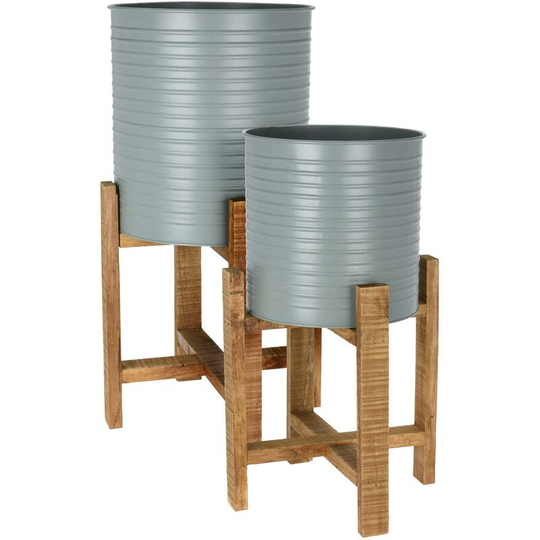 Grey Green Plant Pot Pair 2 Metal Wooden Planter Stand Large Indoor Plants Home - 3000520 - Grey - Idooka