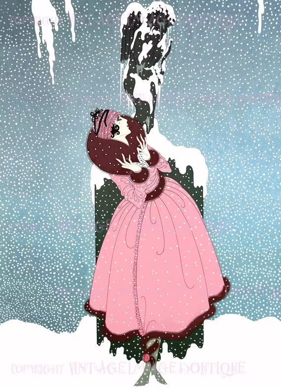 Antique 1920's Art Deco Winter Scene Of A Woman Admiring Snow Covered Statue Christmas Season Solstice Holiday 5x7 Greeting Card
