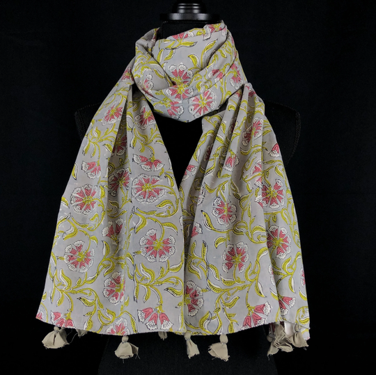 Hand Block Printed Pure Cotton Boho Scarf For Women, Jacobean Cotton Stole Her, All Season Wrap Scarf, Summer
