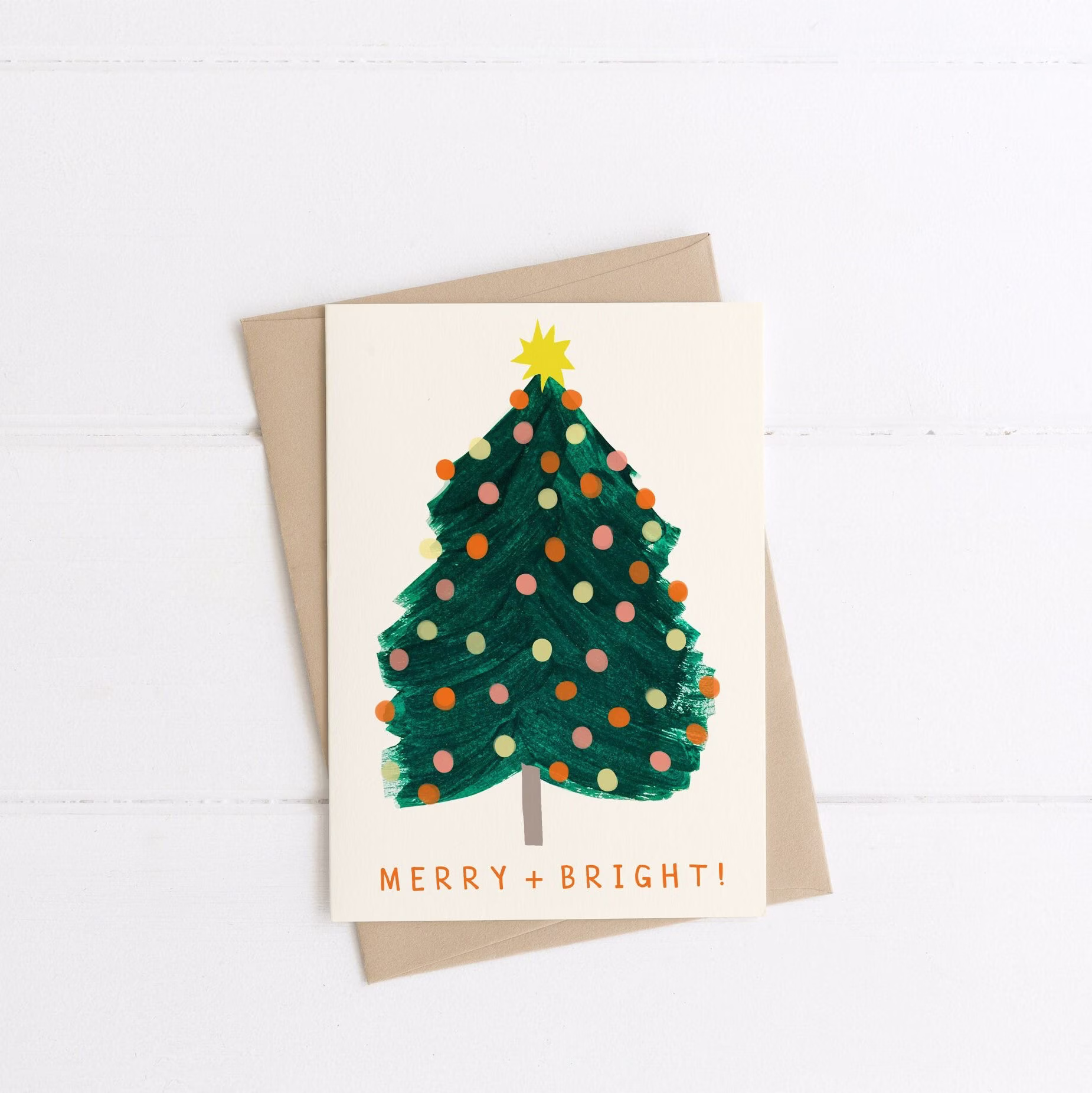 Merry & Bright Tree Christmas Card | Xmas Seasons Greeting Eco-Friendly Recycled Hand Painted