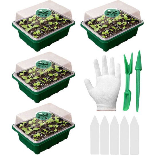 4PCS Seed Trays with Lids Seedling Starter Tray With Gloves Transplanting Tool 5PCS Label Plant Germination Kit Propagator for Plants