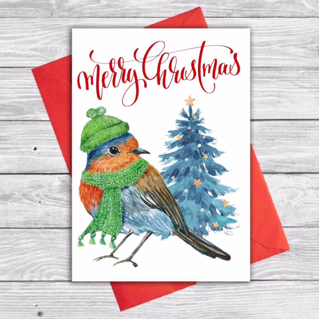 5 Robin in Hat & Scarf Christmas Cards - Seasons Greetings Thank You