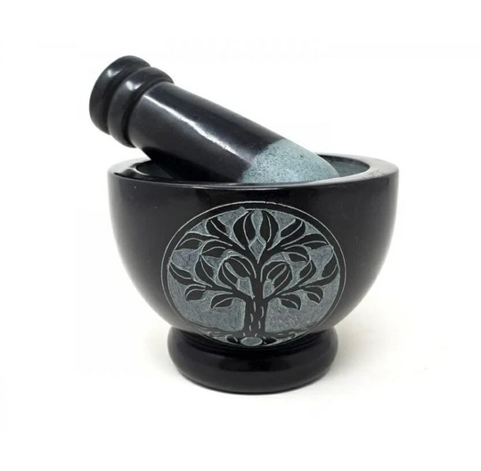 Tree Of Life Carved Black Soapstone Mortar & Pestle