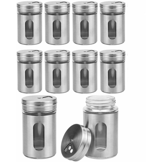 16 Pieces Stainless Steel Spice Shaker Storage Jars Spice Jars with Viewing Window and 3-Way Dispersion Control for Spices Herbs - Silver, Set of