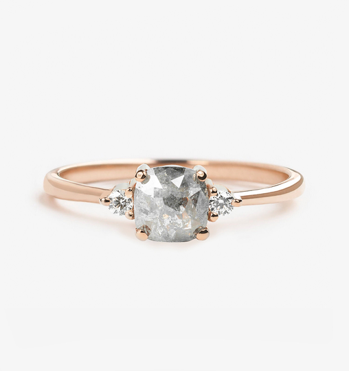 Cushion Cut Diamond Ring-Rose Cut Engagement Ring-Salt & Pepper Ring-Dainty Gold Ring