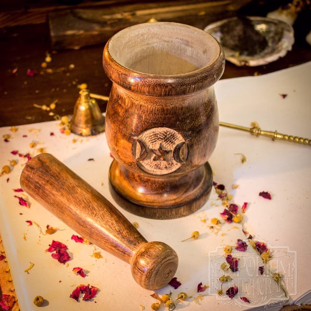 Wooden Triple Moon Pestle & Mortar | Herbs Witchcraft Incense Spells Magick Rootwork Hoodoo