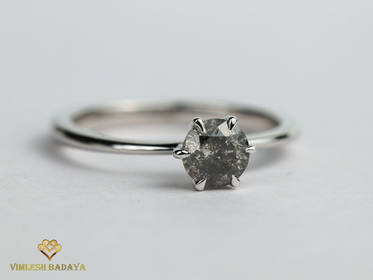 Salt Pepper Diamond Solitaire Ring, Gray Engagement 5mm Gray Ring For Her, Solid Gold