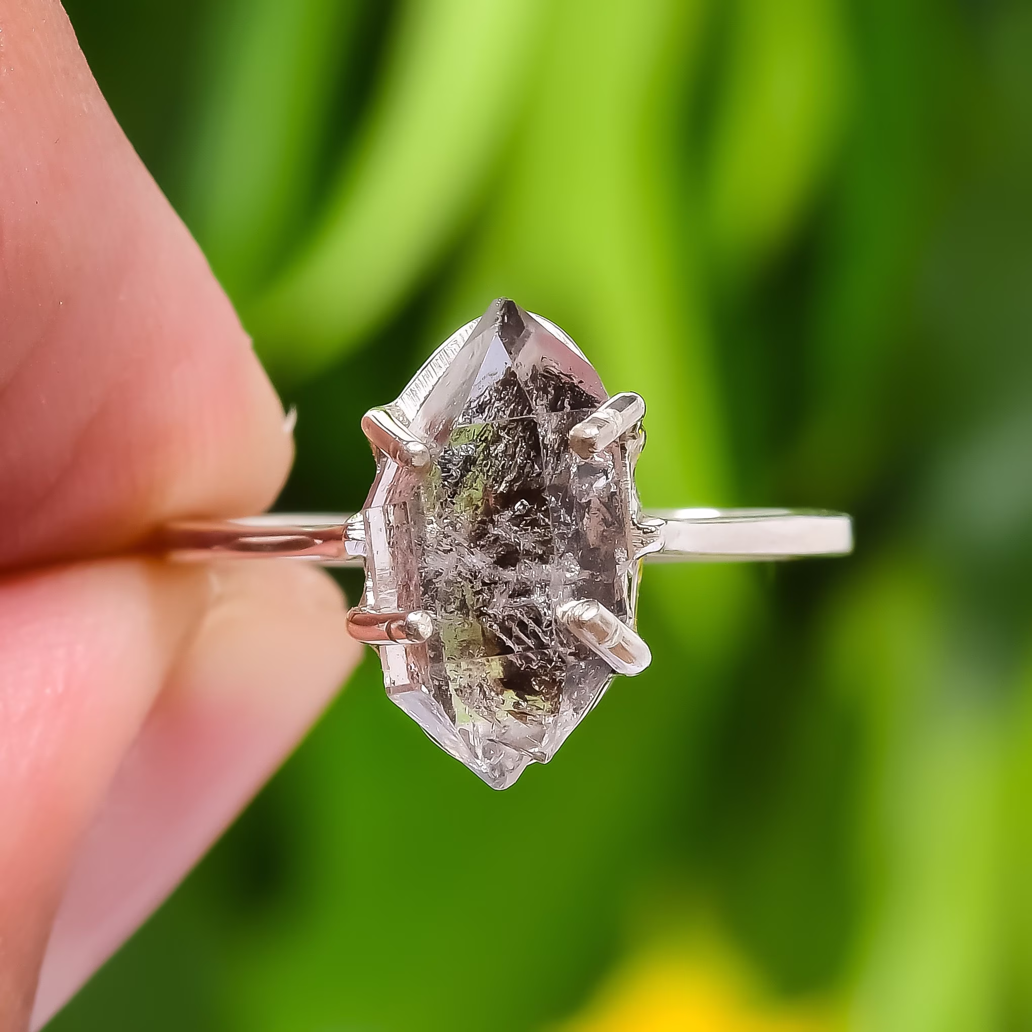 Herkimer Diamond Ring, Raw Ring, Salt & Pepper Ring, Healing Crystal Ring, Minimalist Ring