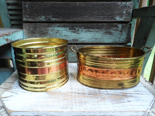 Vintage Brass & Copper Planter Set Flower Container Lacquered Band Banded Home Decor Pot Indoor Boho Bohemian Chic