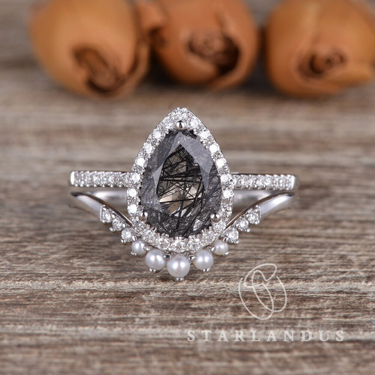 2Ct Salt & Pepper Quartz Pearl Engagement Rings Pear Shaped Bridal Set 2Pcs White Gold Stacking Ring Alternating Wedding Band