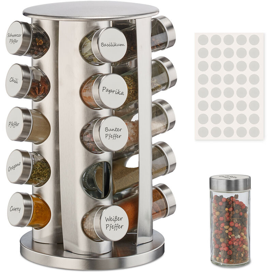 Spice Rack, 20 Glass Jars, 40 Labels, Rotatable, Stainless Steel, h x d: approx. 33.5 x 19.5 cm, Silver - Relaxdays