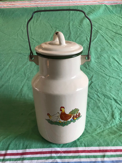 Enamel Cream Milk Pail. Chickens, Hens, Cows. Patterned Vase. Animals, Chicks, Cow