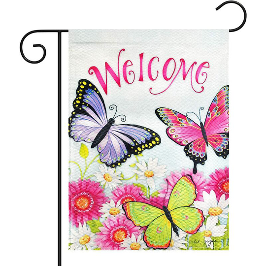 Welcome Spring Garden Flag 12.5'x18',Double Sided Buffalo Plaid Burlap Colorful Flowers and butterfly Seasonal Yard Banner for Spring Summer