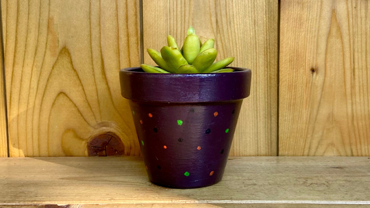 Dark Purple With Black, Green, Orange Dots 9 cm Plant Pot | Hand Painted Terracotta Planter Drainage Hole Small Gift| Halloween