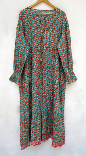 Summer Season Flower Printed Cotton Long Women Maxi Dress - Henley Neckline With Ties Sleeve Bohemian