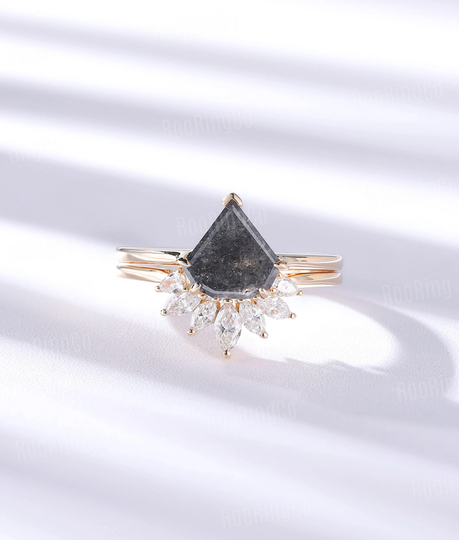 Vintage Salt & Pepper Diamond Engagement Ring Set Shield Cut Art Deco Yellow Gold Unique Moissanite/Diamond Anniversary Bridal