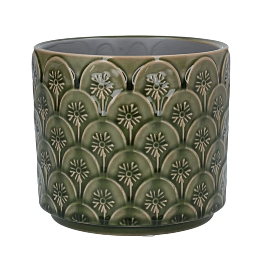 Green Plant Pot Cover, Flower Pattern Planter, Glazed Pot, Retro Indoor Planter Cover