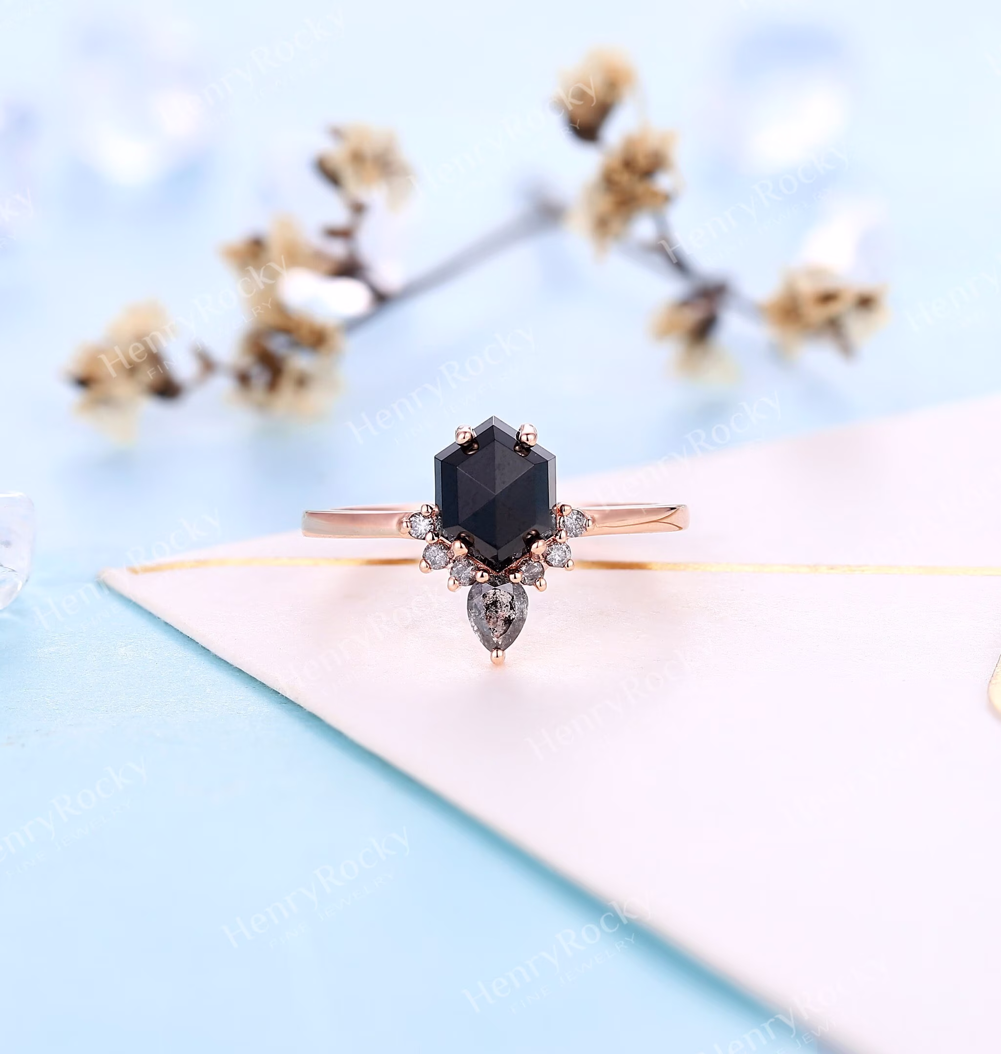 Vintage Black Onyx Engagement Ring | Salt & Pepper Diamond Art Deco Wedding Hexagon Antique Bridal Rose Gold |Anniversary