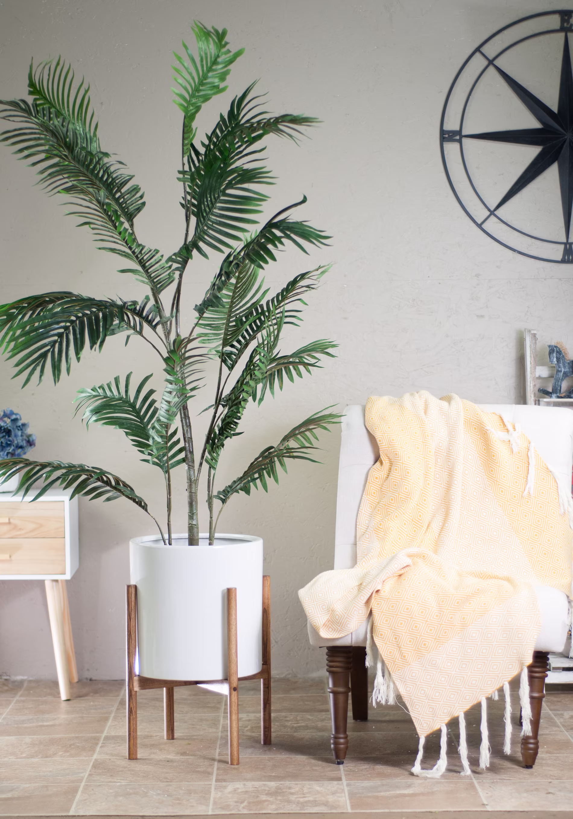 Planter With Stand - Mid-Century Modern Stand Pot-Ceramic Planter - Cylinder Pot-13'' White-Wood Plant Stand-Chestnut