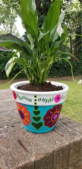 Hand Painted Terra Cotta Pot; Summer Of Love Collection - Nsv; Folk Blue