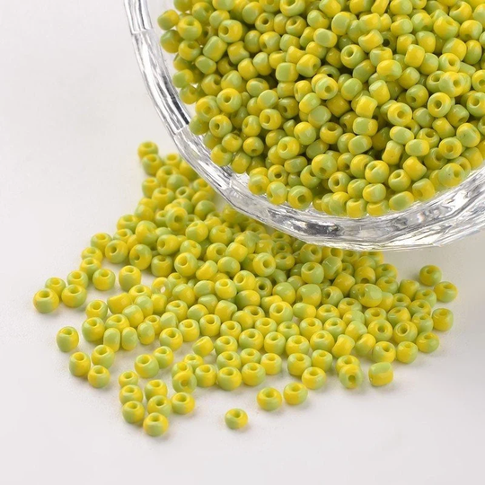Yellow & Green Striped Seed Beads, 40 Grams, Size 12/0 Glass Seep Beads 1.5~2x2mm Sb0250